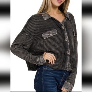 Cropped mineral washed waffle texture